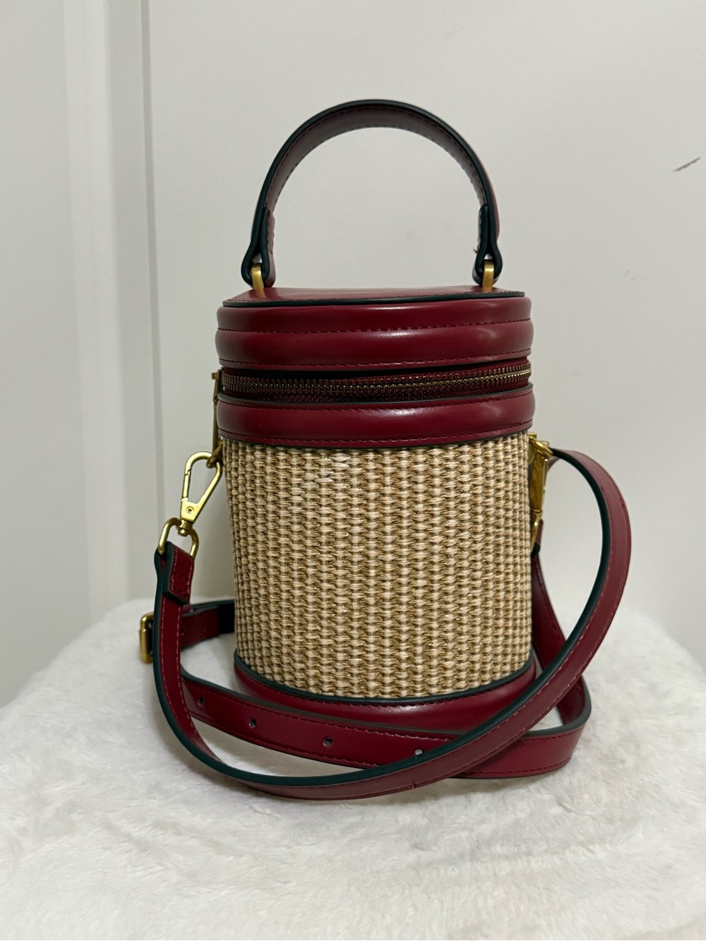 House of Harlow 1960 Woven Cylinder Crossbody Bag with Burgundy Trim